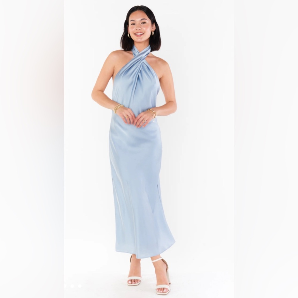 Show Me Your Mumu - Jasmine Halter Midi Dress in Steel Blue Luxe Satin - Size XS